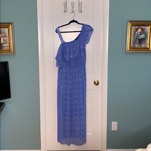 Blue and white polka dot one shoulder dress.